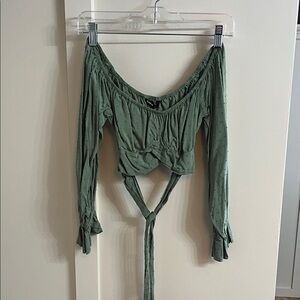 SHEIN Olive Off-Shoulder Tie-Front Blouse